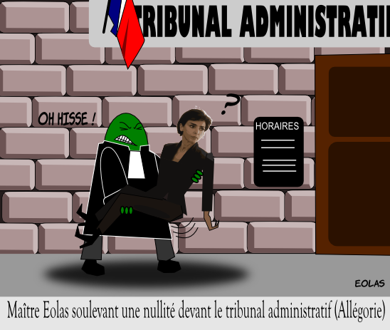 Maître Eolas, devant l'entrée d'un tribunal administratif, soulève héroïquement le Garde des Sceaux Rachida Dati. En dessous, un titre : Maître Eolas soulevant une nullité devant le tribunal administratif (Allégorie).